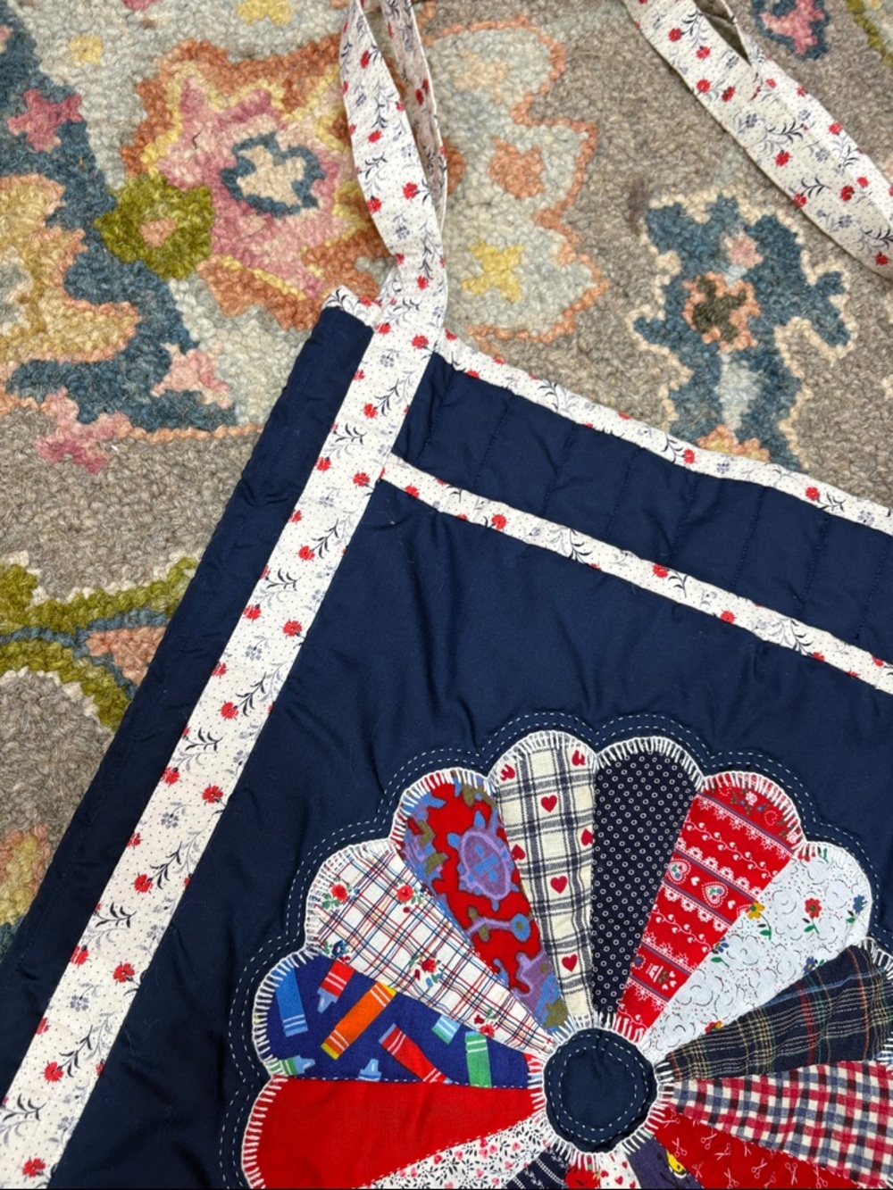 Handcrafted Quilted Navy Patchwork Flower Tote Bag - Picture 9 of 10